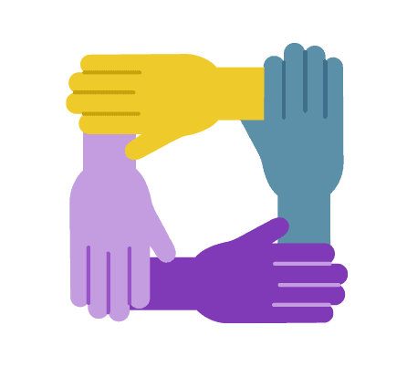 illustration of 4 hands holding each others wrists to form a square than hands are coloured yellow, purple and teal